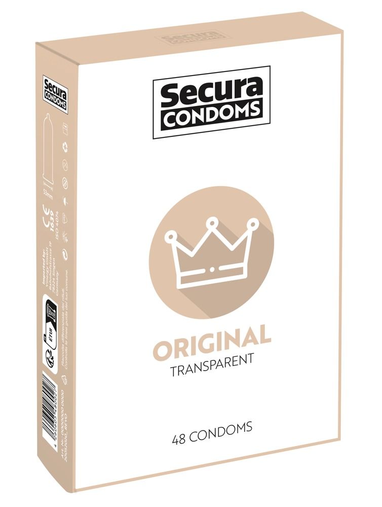 Schachtel Secura Condoms. Original, transparent. 48 Kondome. Krone-Logo. CE-Kennzeichnung.