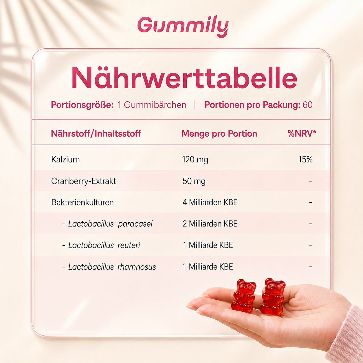 Nährwerttabelle Gummily Gummibärchen: Kalzium, Cranberry, Bakterienkulturen.