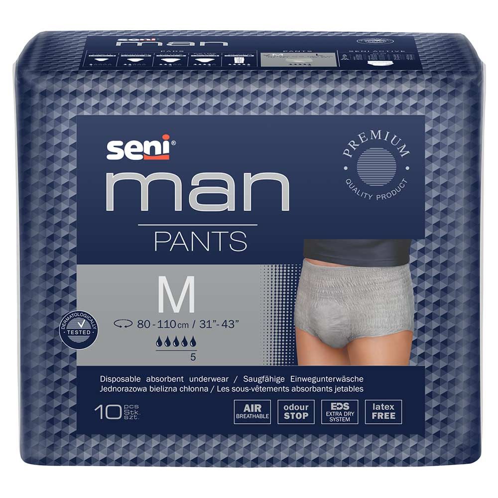 Verpackung Seni Man Pants M. Blaue Verpackung mit Produktabbildung und Größenangabe. Enthält 10 Stück.