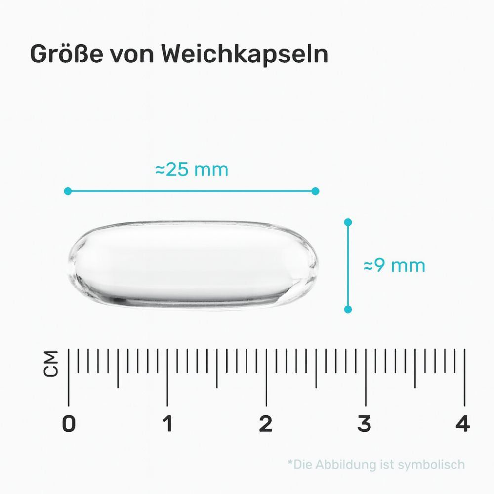 Größe einer Weichkapsel: ca. 25 mm Länge, 9 mm Breite. Messskala von 0-4 cm.