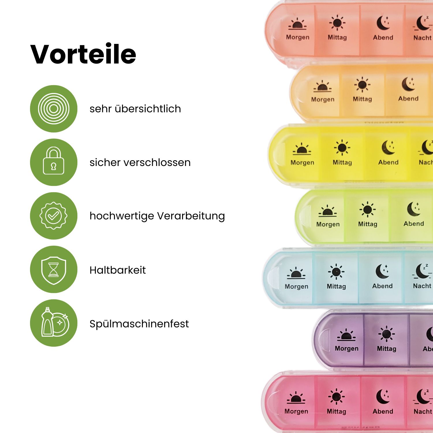 Mehrere Frohbach Pillenboxen mit 3 Fächern. Text: Morgen, Mittag, Abend. Vorteile: übersichtlich, sicher verschlossen, haltbar.