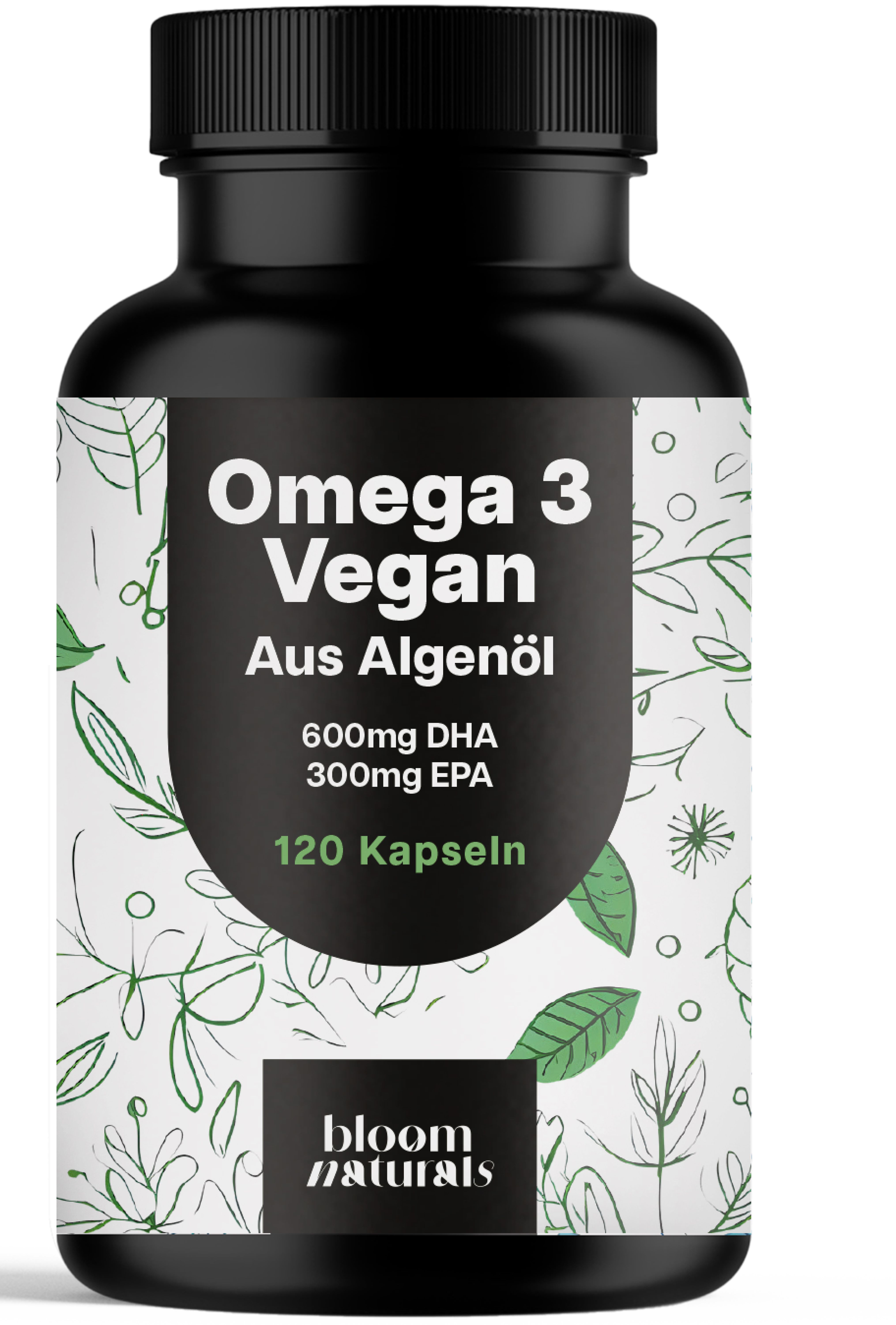 Schwarze Flasche mit weißem Etikett. Aufschrift: Omega 3 Vegan, 600mg DHA, 300mg EPA, 120 Kapseln. Marke: bloom naturals.
