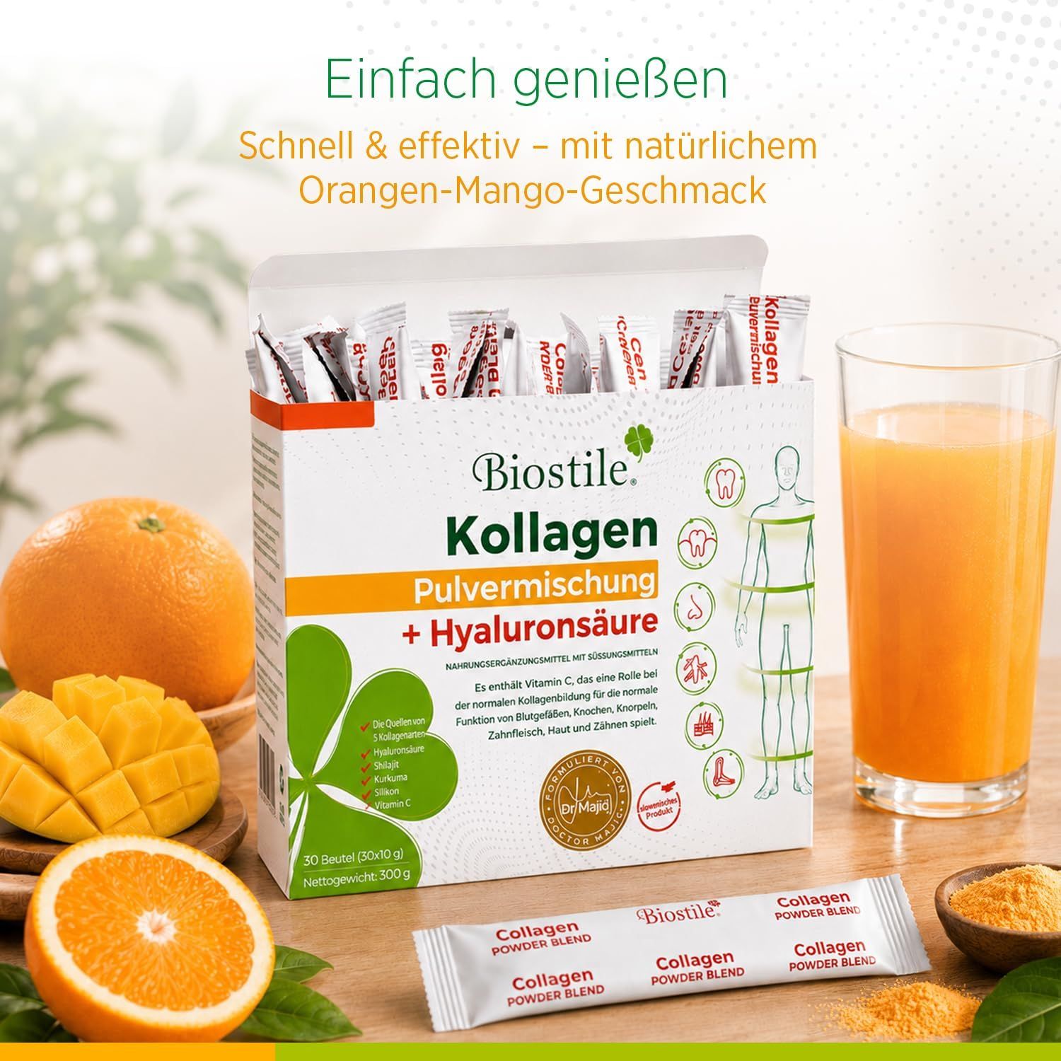 Biostile Kollagen Pulvermischung + Hyaluronsäure. 30x10g Beutel, Orangen, Mango, Glas mit Getränk.