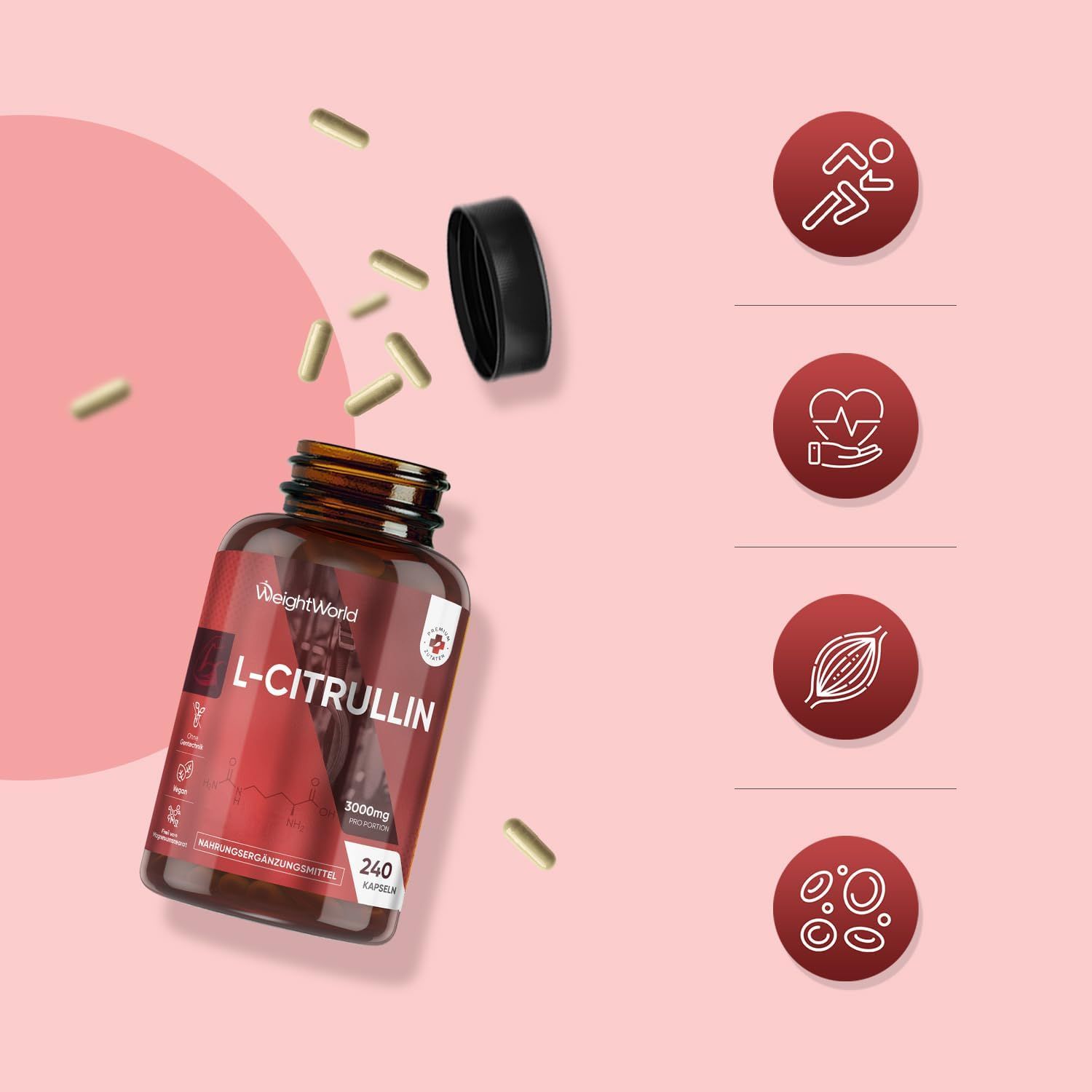 Geöffnete Flasche mit Kapseln. L-Citrullin, 240 Kapseln. Roter Hintergrund mit Icons: Sport, Herz, Muskeln, Blut.