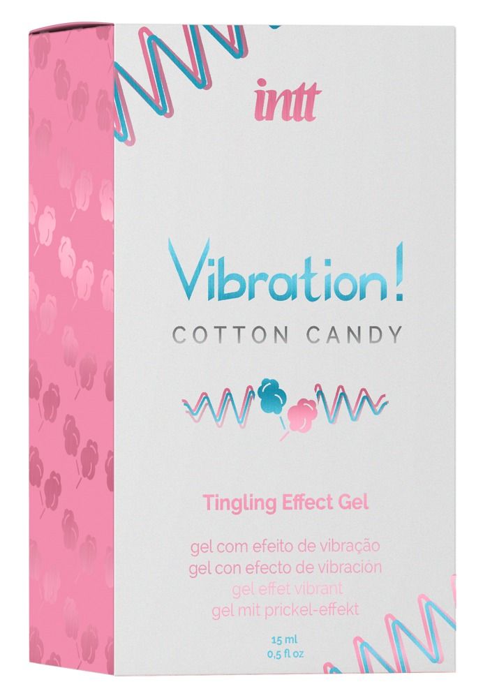 Produktverpackung mit Aufschrift: Vibration! Cotton Candy Tingling Effect Gel. Rosa-weißes Design, Text in mehreren Sprachen.