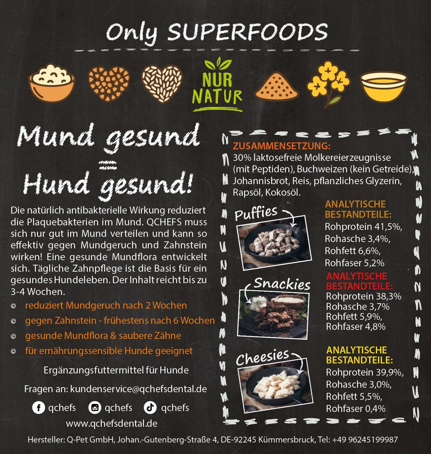Werbetafel mit Text und Illustrationen. Enthält Informationen über QCHEFS und die Produkte Pufies, Snackies und Cheesies.