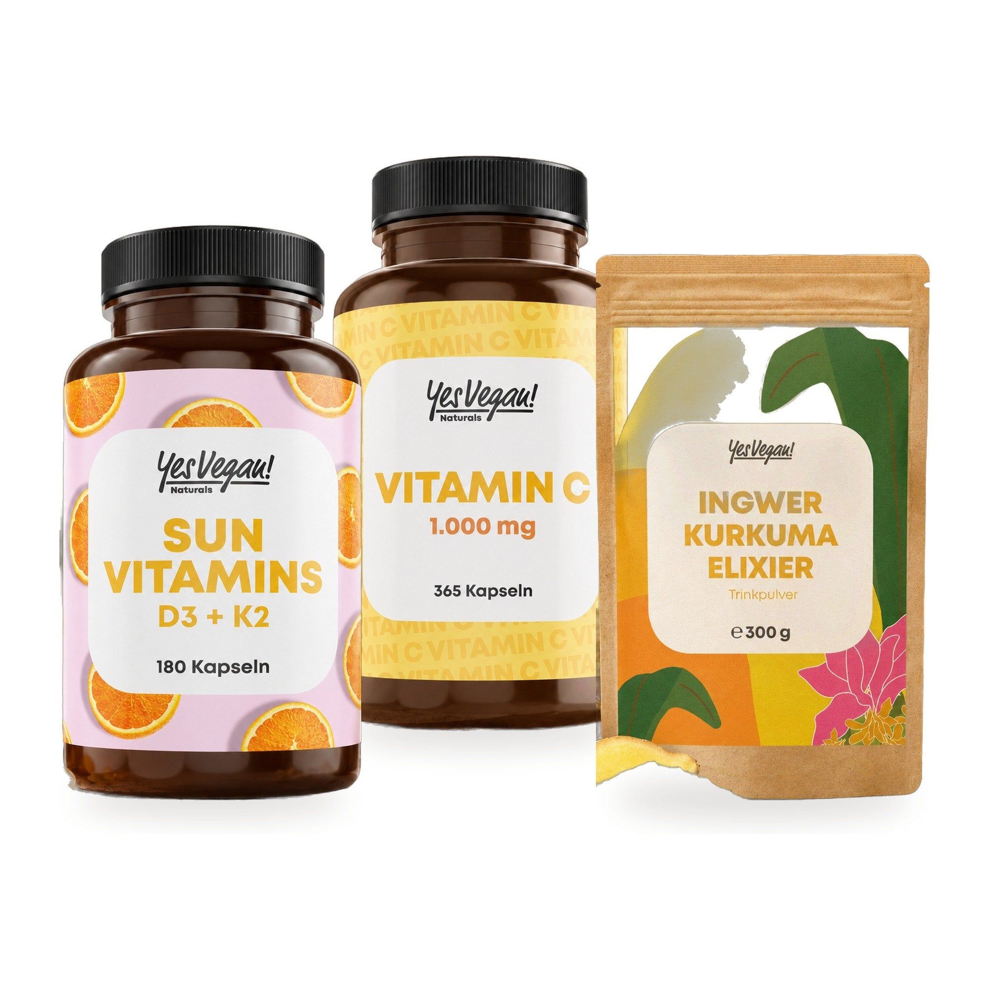 Zwei Flaschen Nahrungsergänzungsmittel: Vitamin C (1000 mg, 365 Kapseln) und Sun Vitamins D3+K2 (180 Kapseln).