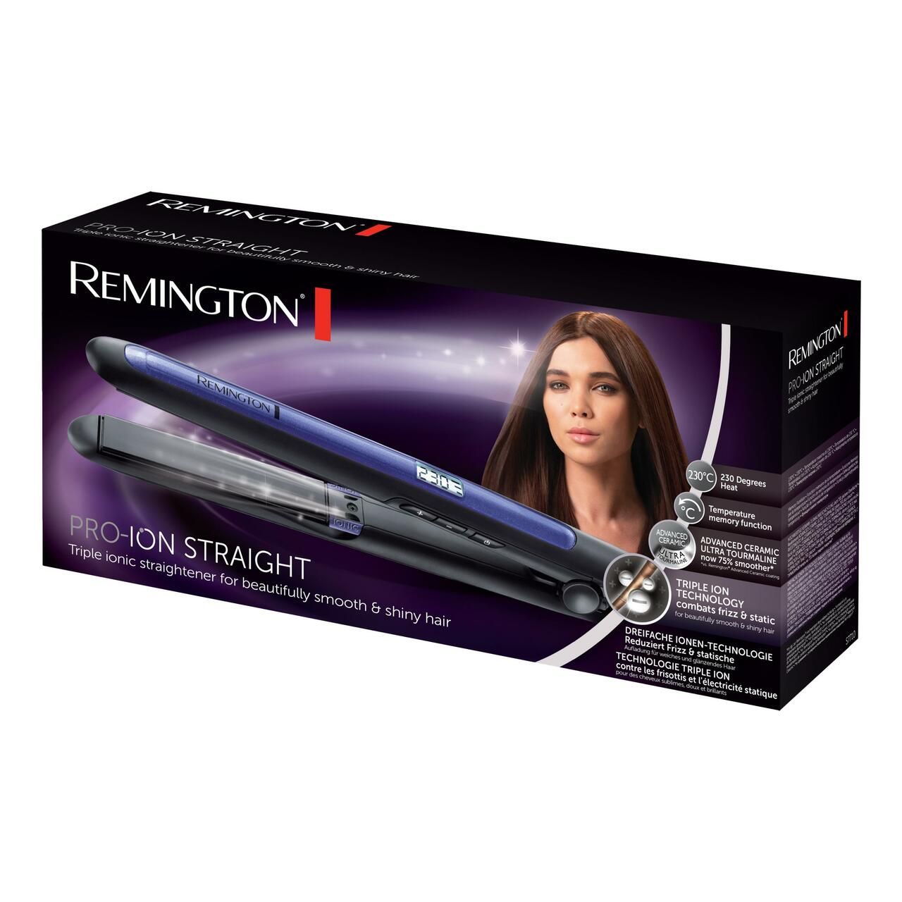Verpackung für Haarglätter. Marke Remington. Produktname: PRO-ION STRAIGHT. Abbildung einer Frau mit glattem Haar.