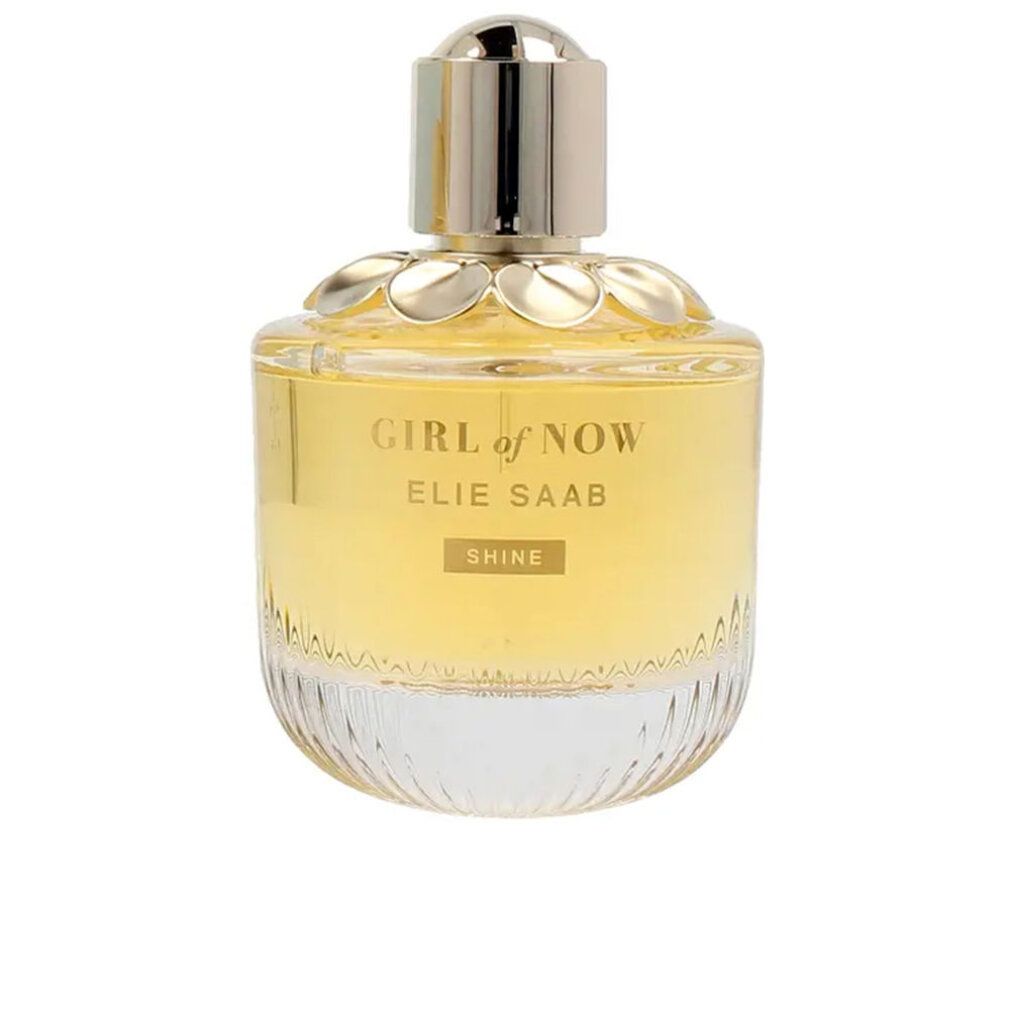 Elie Saab Girl of Now Shine Eau de Parfum Flakon mit goldenem Verschluss und Blumenverzierung.