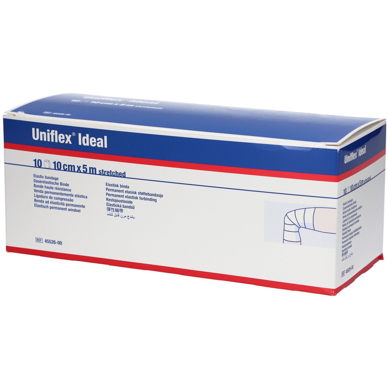 Uniflex Ideal Verpackung. Blaue und weiße Schachtel mit Produktnamen und Bandagen-Illustration. Größe: 10 cm x 5 m.