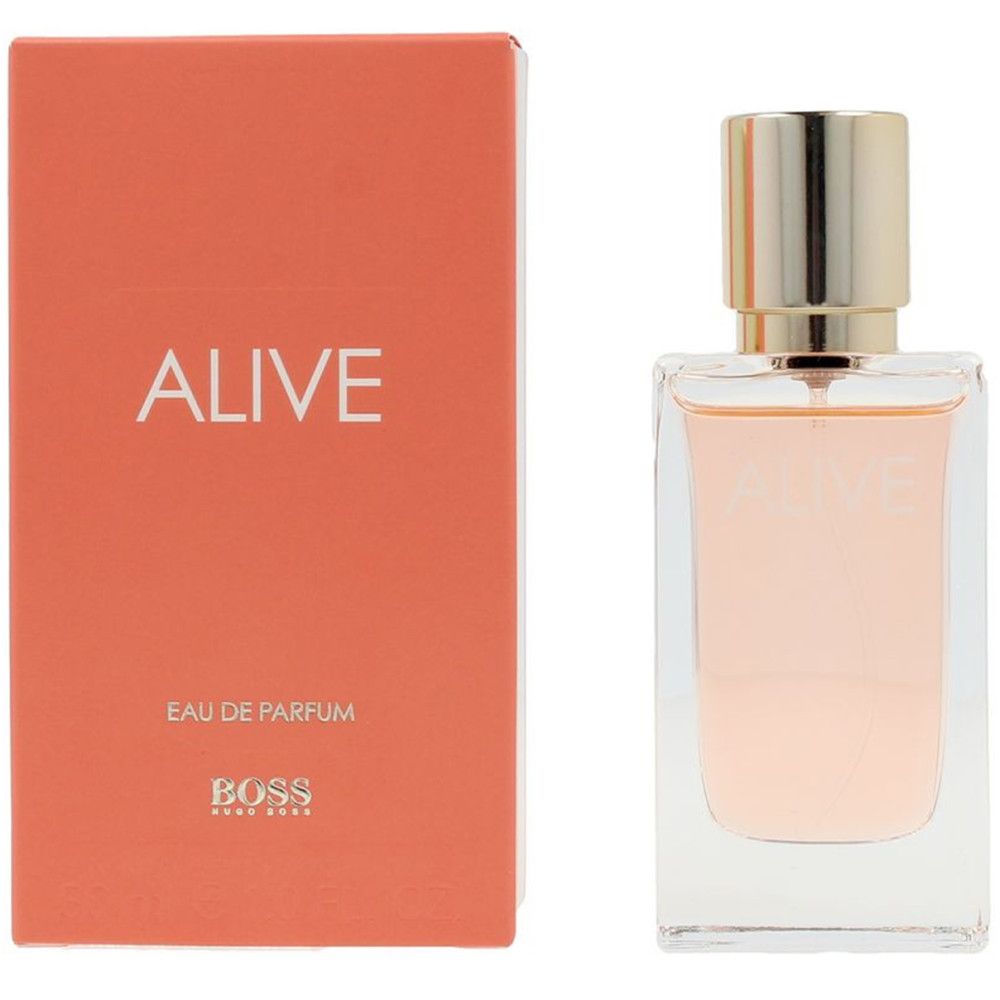 Parfümflakon und orangefarbene Schachtel mit der Aufschrift "ALIVE" und "BOSS".