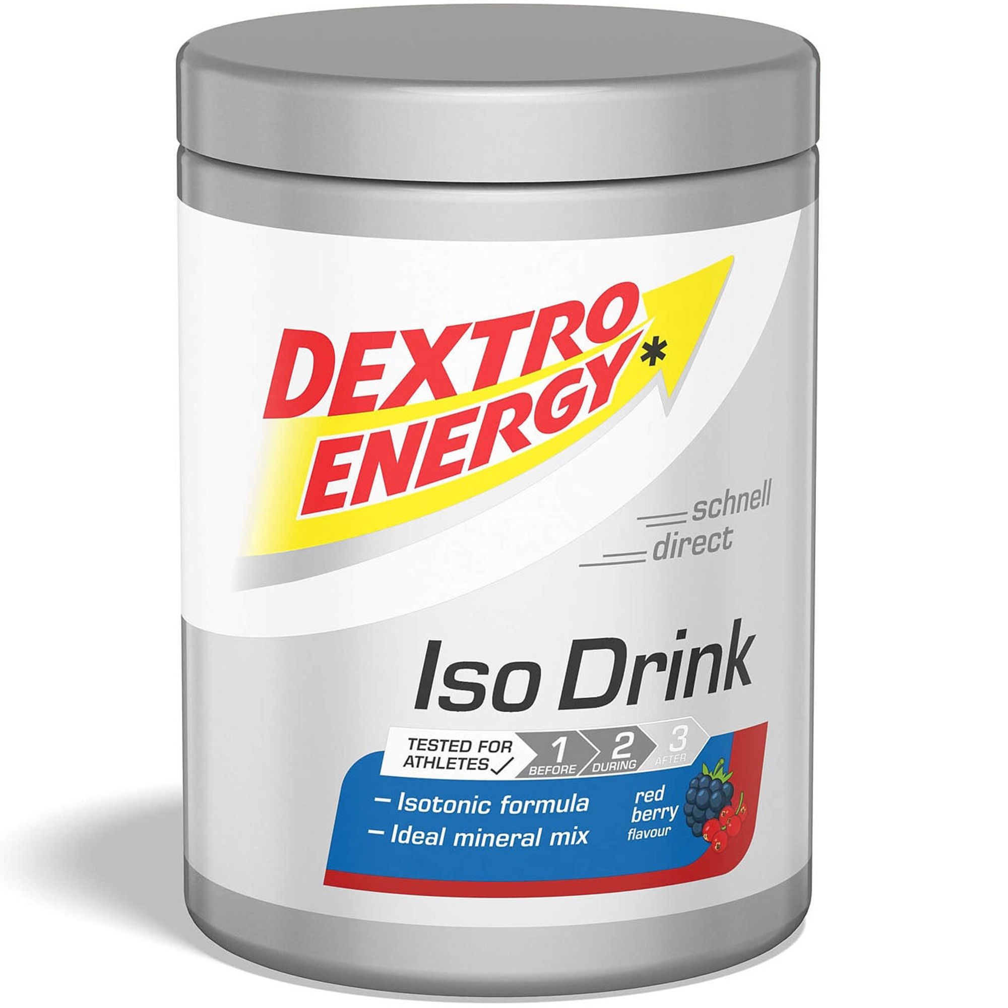 Zylindrische Dose mit Deckel. Aufschrift DEXTRO ENERGY, Iso Drink. Angaben zu Inhaltsstoffen und Geschmacksrichtung.
