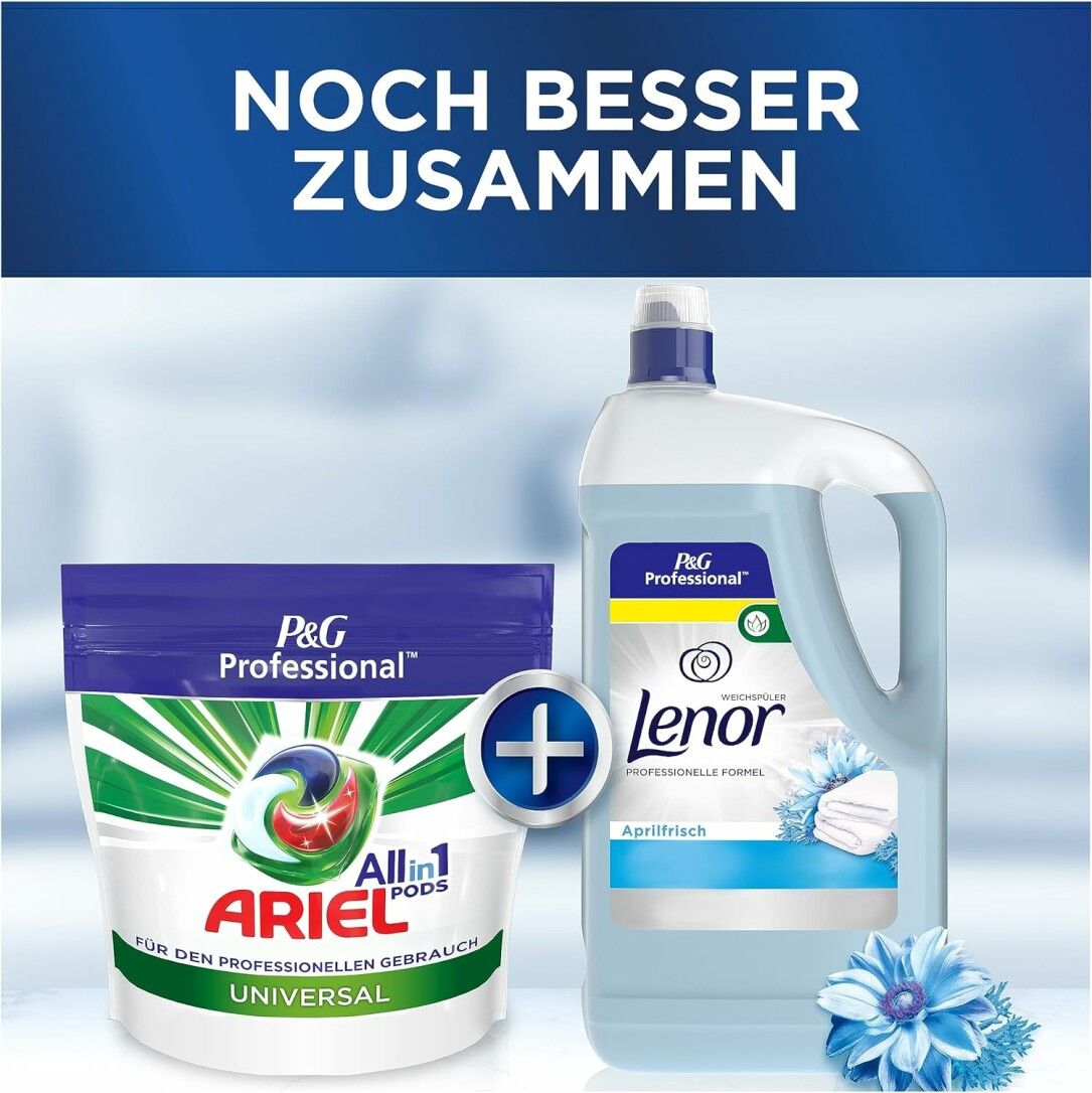 Ariel Professional All-in-1 Pods und Lenor Waschmittel. Beide Produkte sind nebeneinander abgebildet. Aufschrift: P&G Professional.