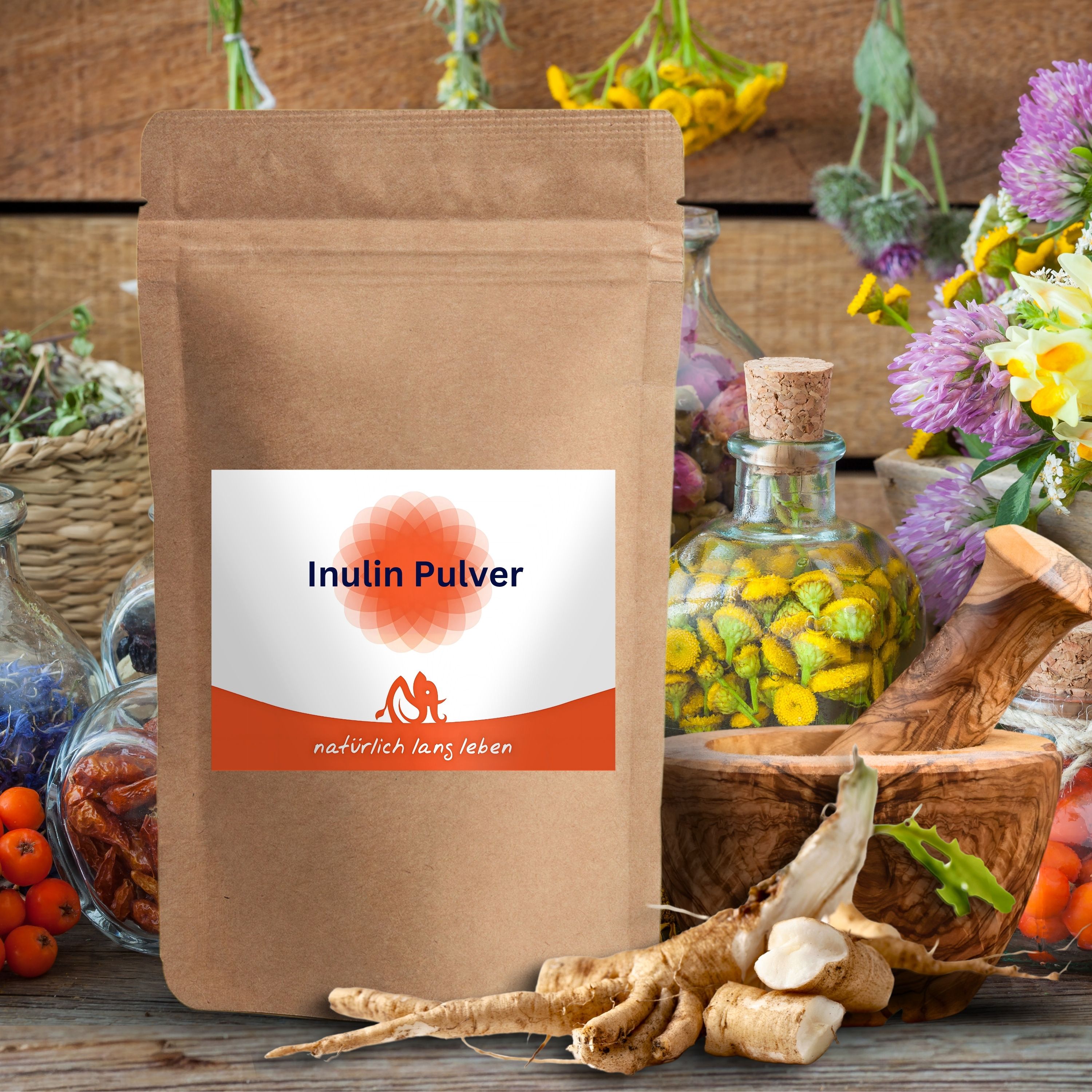 Beutel mit Inulin Pulver vor Kräutern und Wurzeln. Braune Verpackung mit Etikett.