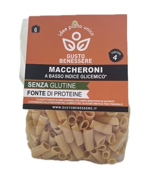 Confezione di maccheroni. Scritte: Gusto Benessere, Senza Glutine, Fonte di Proteine. 4 porzioni.