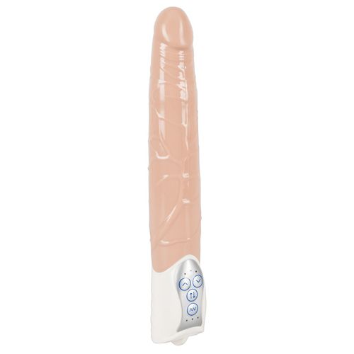 Beigefarbener Vibrator mit weißem Bedienfeld. Knöpfe mit Symbolen. Geformte Oberfläche.