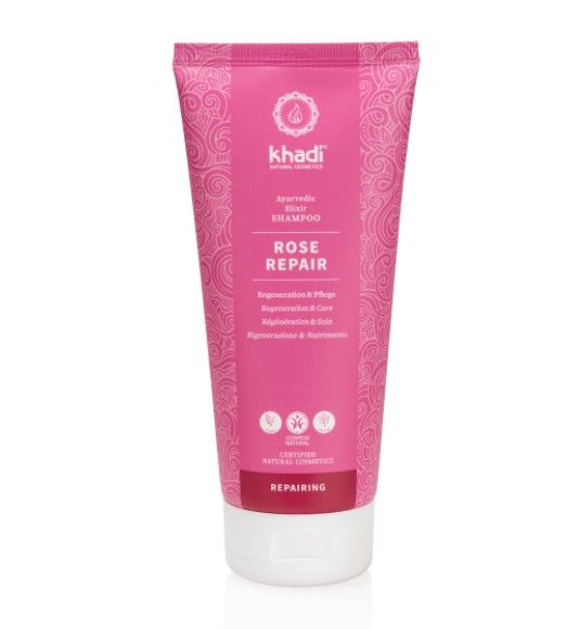 Khadi Shampoo Rose Repair in pinker Tube. Text: Ayurvedisches Elixier Shampoo, Rose Repair, Regeneration & Pflege. Zertifizierungen.