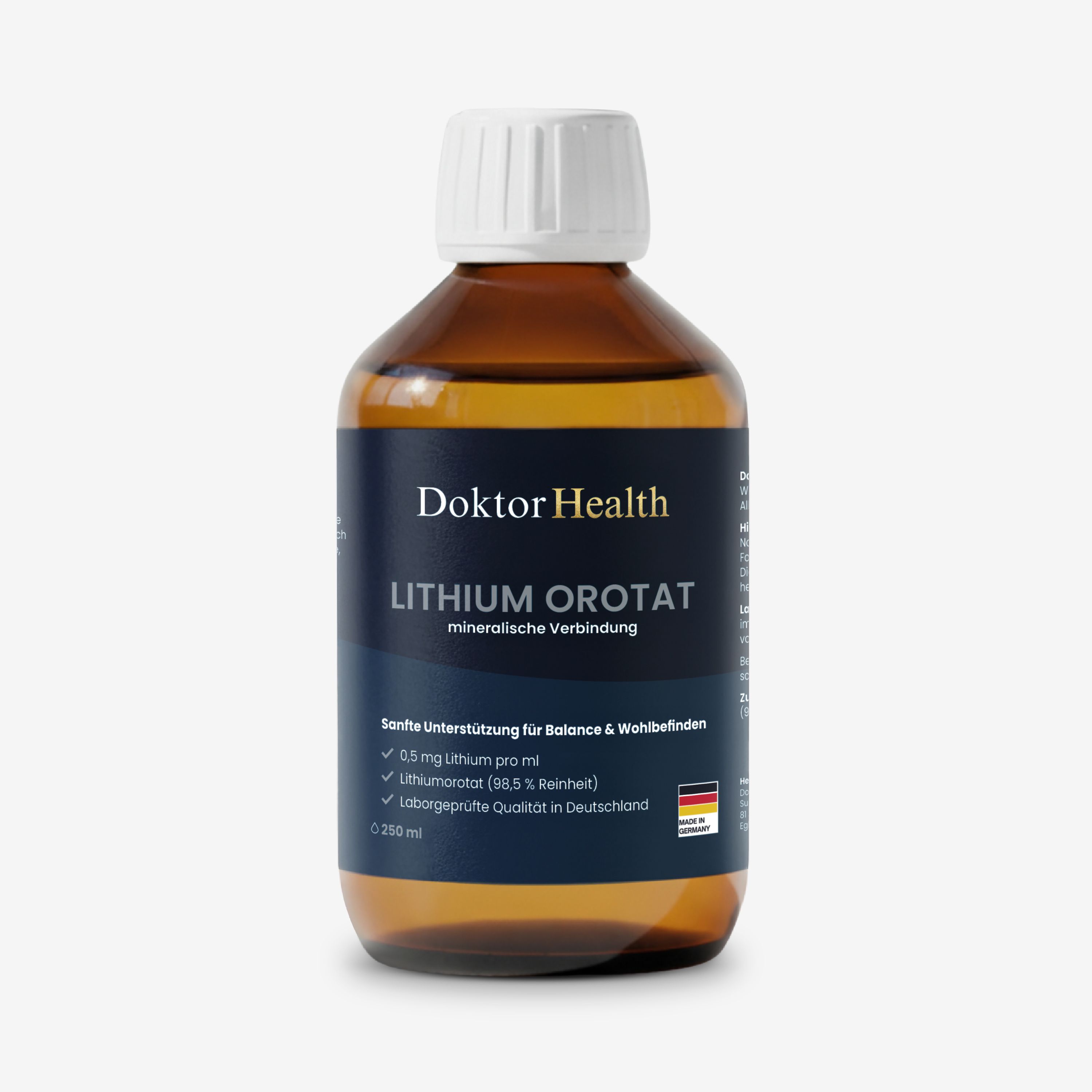 Braune Flasche Doktor Health Lithium Orotat. Etikett mit Produktname, Inhaltsstoffen und deutscher Flagge. Weißer Hintergrund.