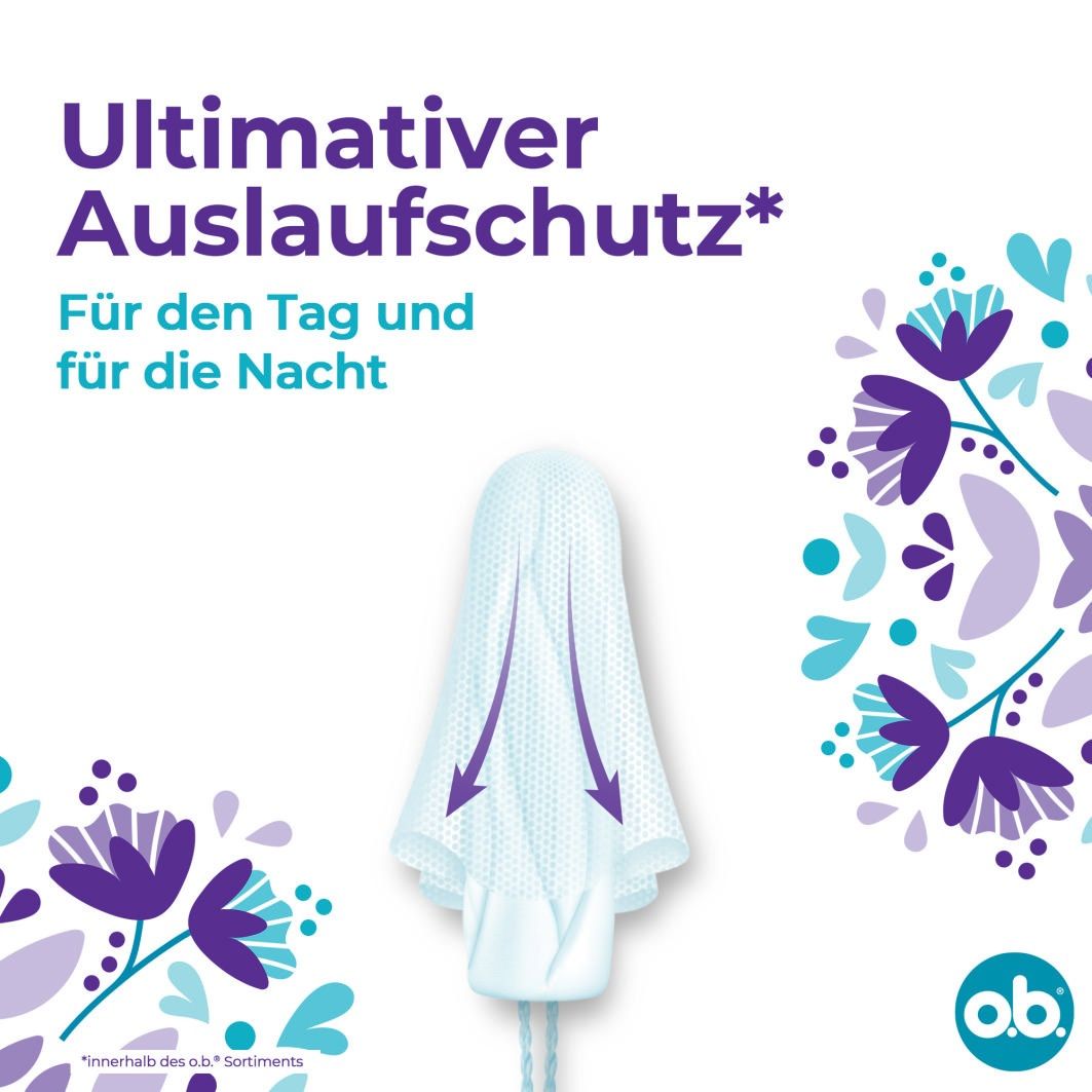 Produktabbildung: Tampon mit Schutzflügeln. Text: Ultimativer Auslaufschutz. Logo o.b.®
