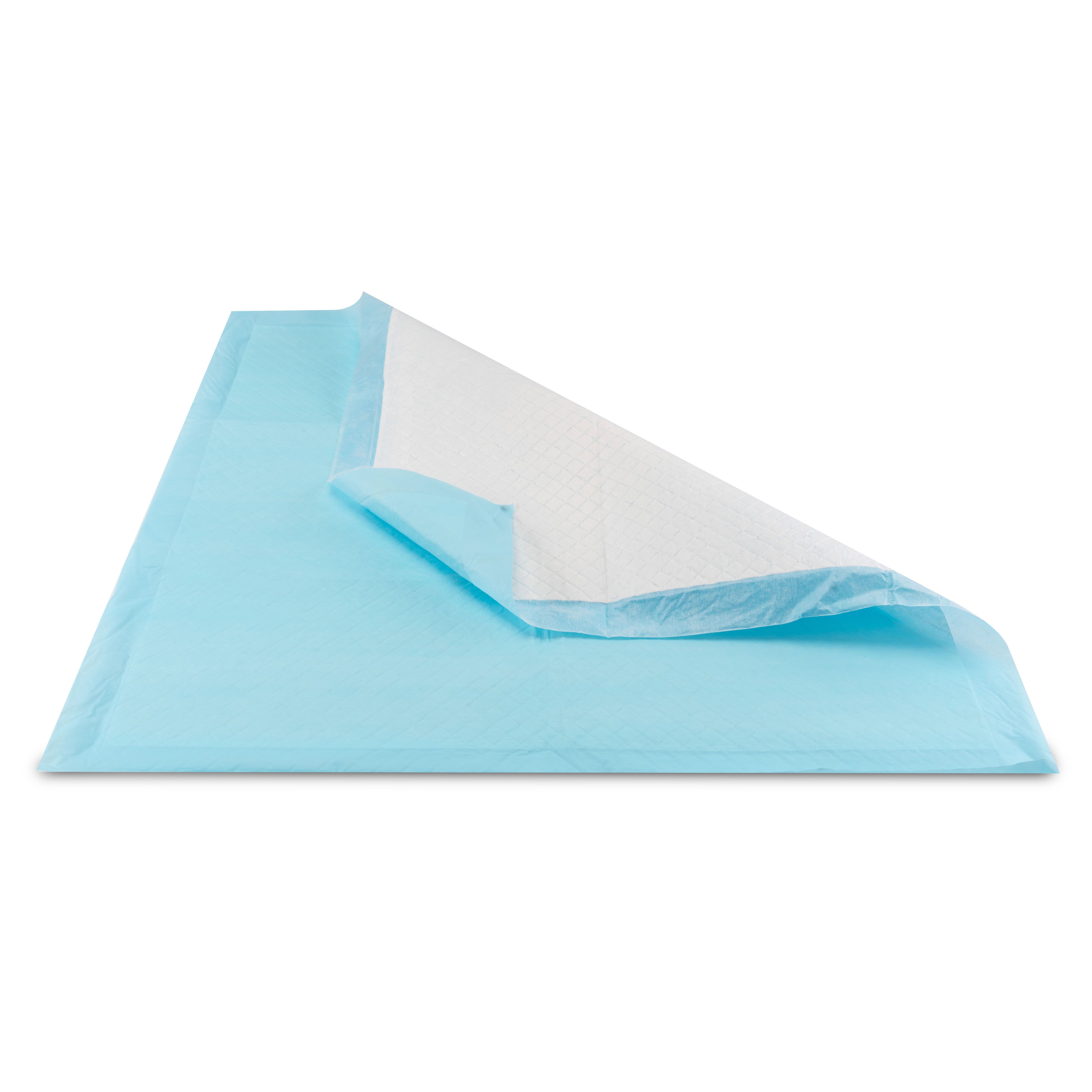 Blaue Inkontinenz Unterlage, teilweise gefaltet, mit weißer, absorbierender Oberfläche. Rechteckige Form.