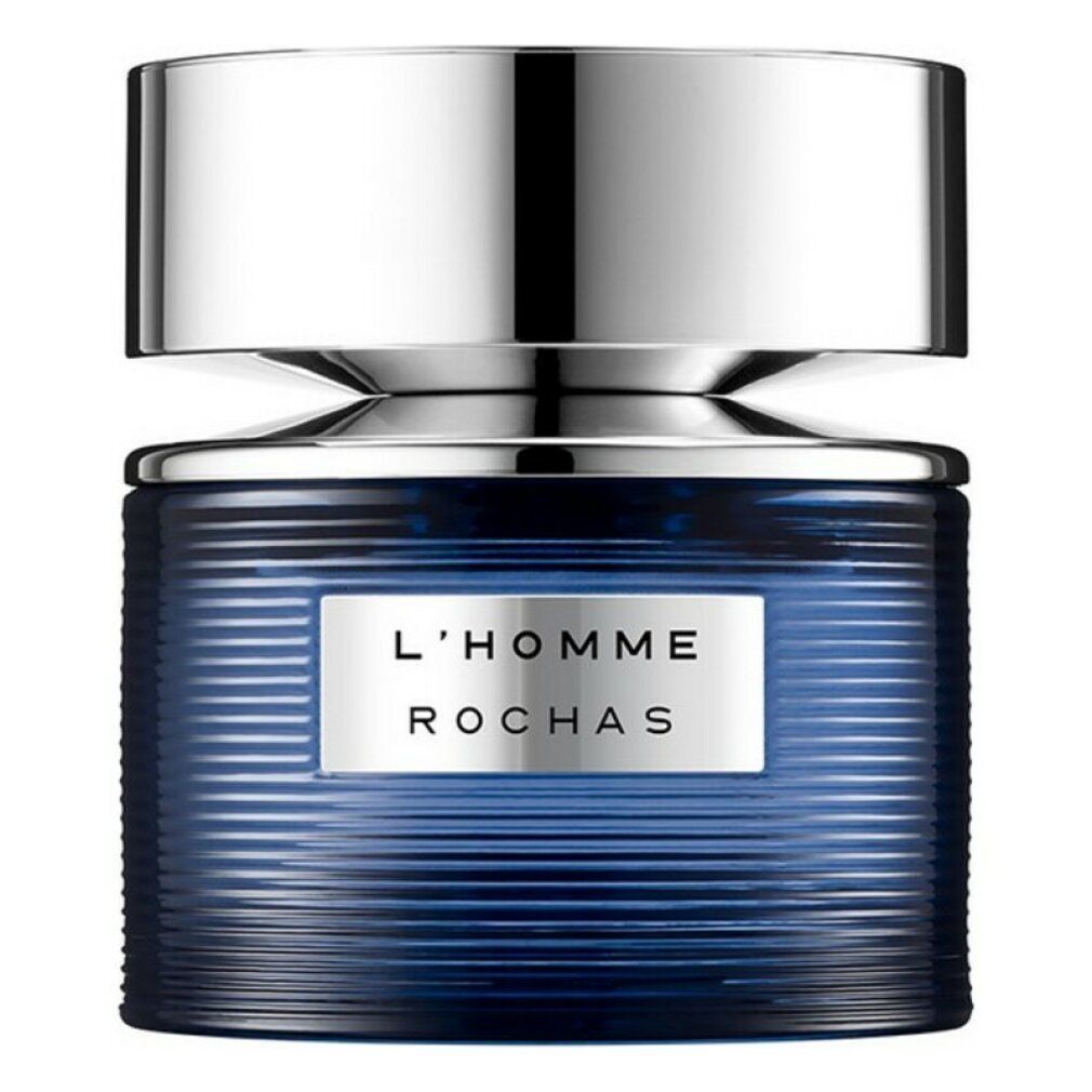 Blauer Glasflakon mit silbernem Deckel. Aufschrift: L'HOMME ROCHAS. Geriffelte Textur.