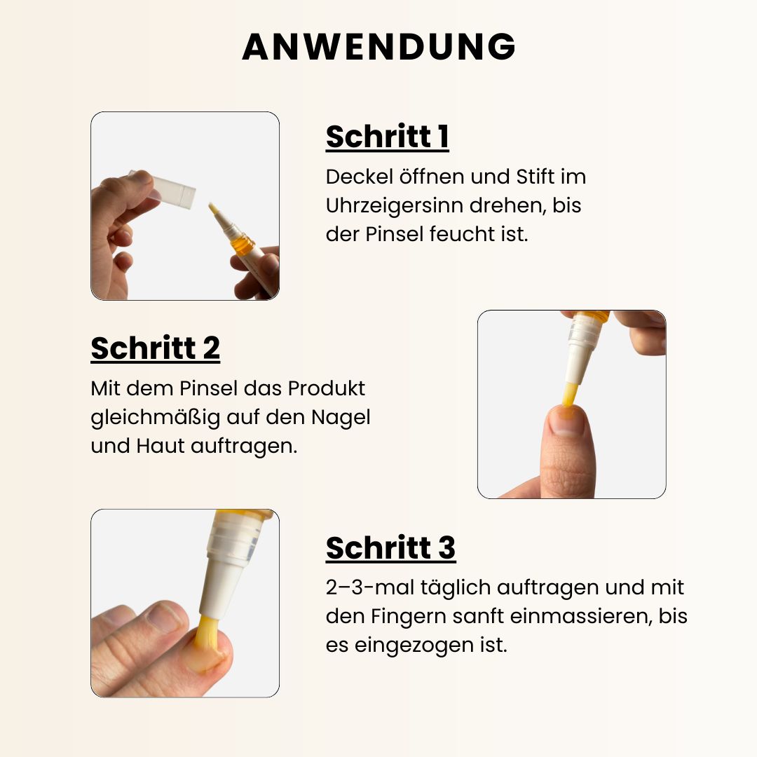 Anwendungsschritte. 1: Deckel öffnen, Stift drehen. 2: Produkt auftragen. 3: 2-3 mal täglich einmassieren.