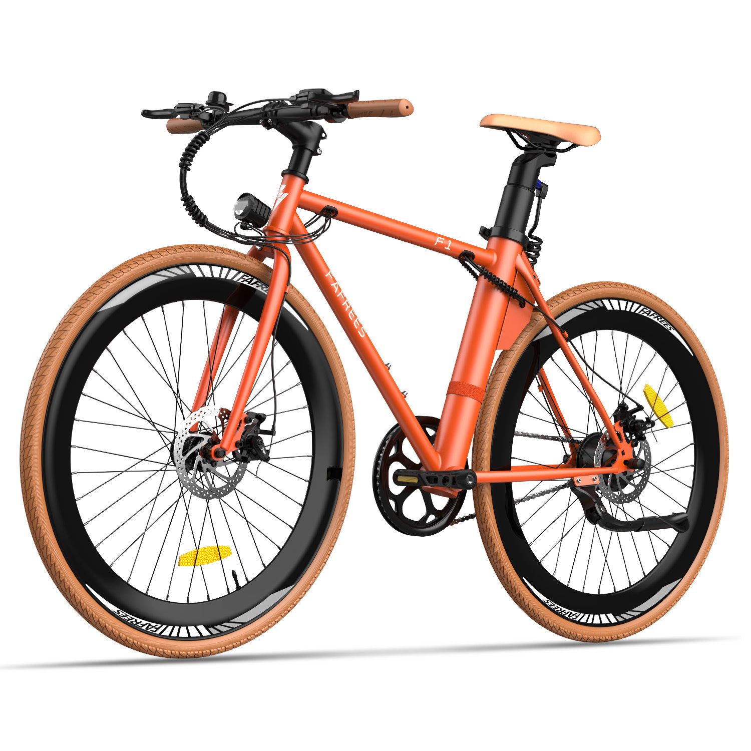 Orangefarbenes Elektrofahrrad mit braunen Reifen und Sattel. Fafrees-Logo und F1-Modellbezeichnung sichtbar.