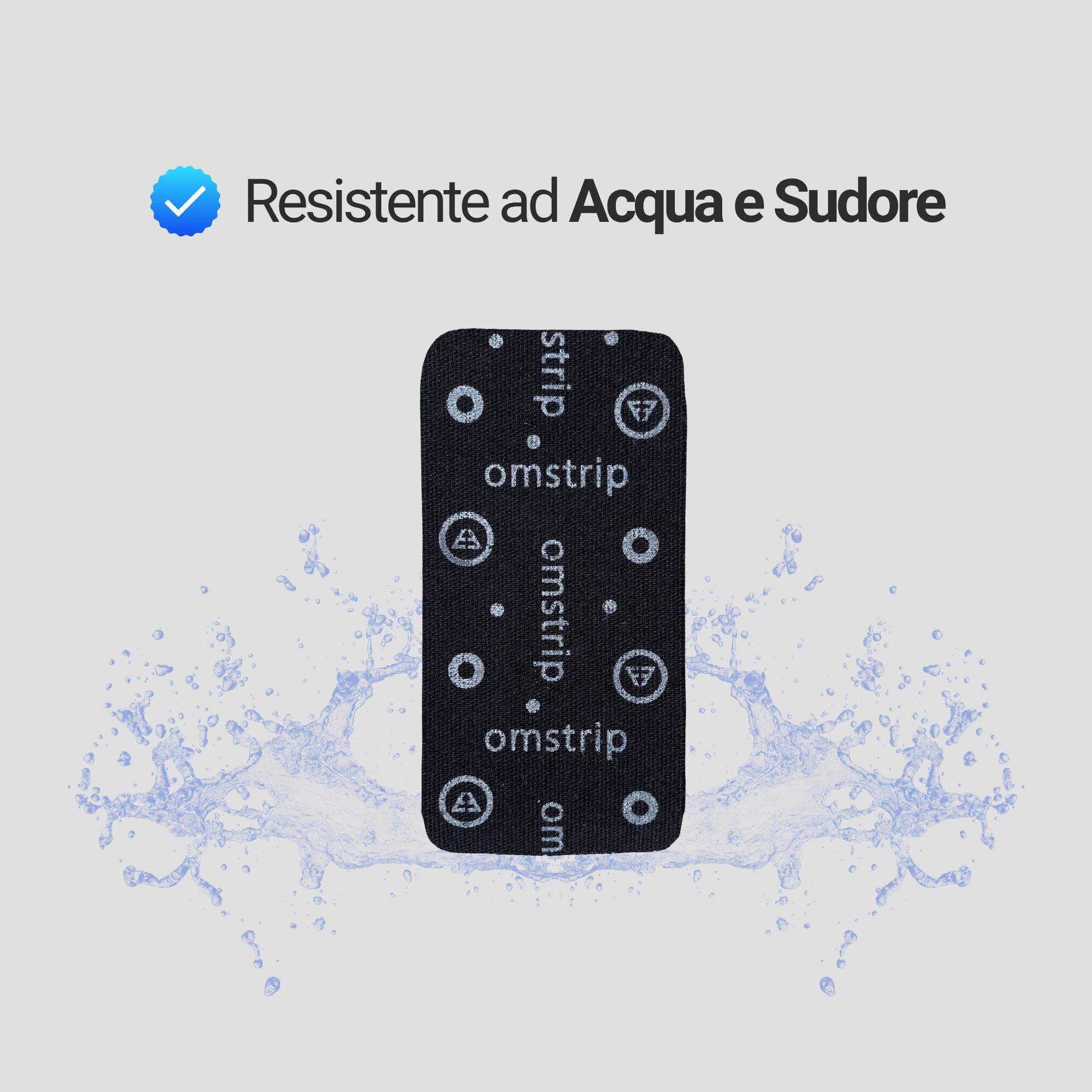 Schwarzes Sport-Performance-Pflaster mit weißer Schrift und Wasser-Effekt. Text: Resistente ad Acqua e Sudore.