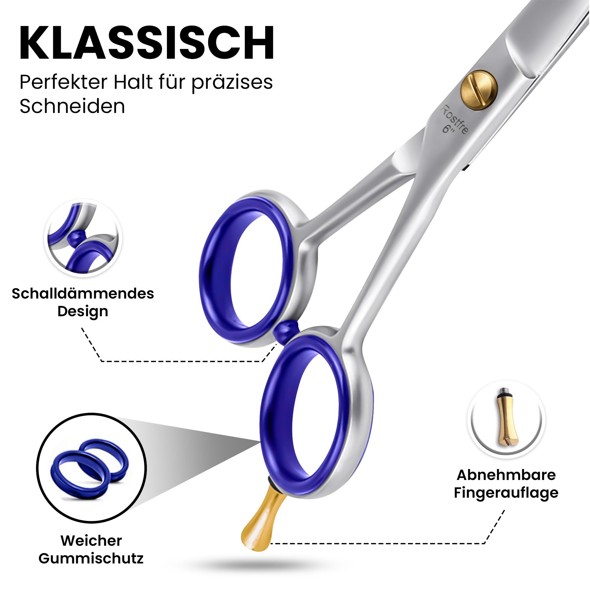 Nahaufnahme einer Friseurschere mit blauen Gummigriffen. Zusätzliche Elemente: Fingerauflage, Text über präzises Schneiden.