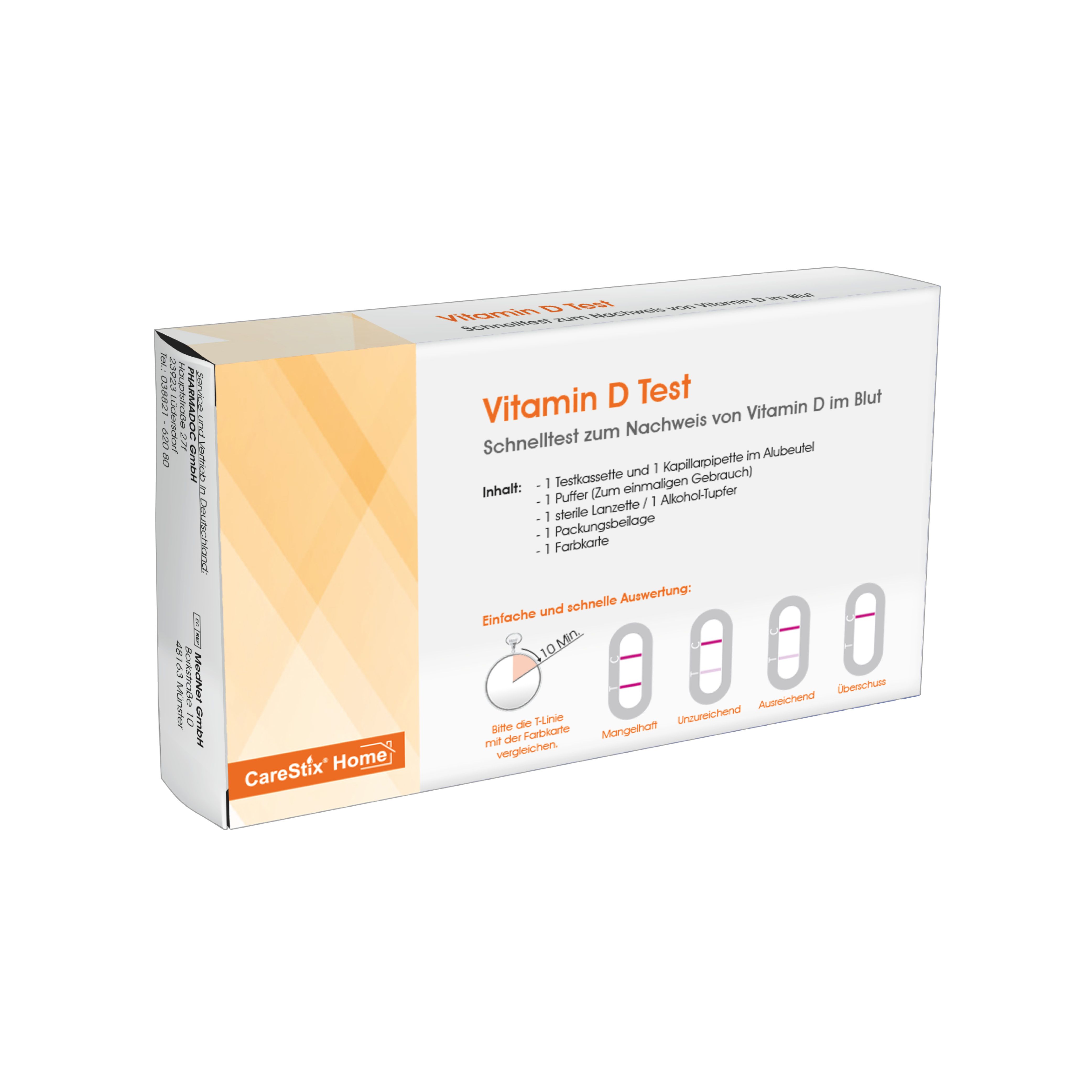 Verpackung des Vitamin D Tests. Enthält: Testkassette, Puffer, Lanzette, Alkohol-Tupfer. Ergebnis in 10 Min. Marke: CareStix Home.