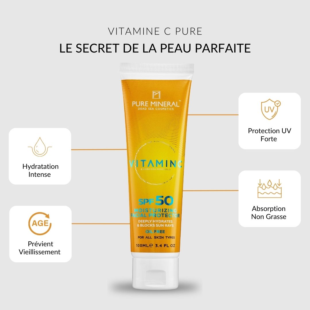 Tube jaune avec texte: Vitamine C, SPF 50, protection solaire hydratante. Icônes: protection UV, hydratation, anti-âge.
