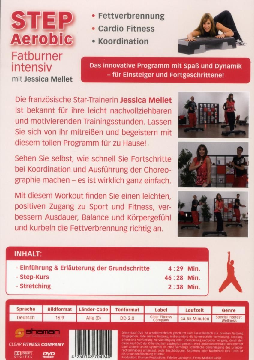 Rückseite der DVD-Hülle STEP Aerobic Fatburner intensiv. Texte und Bilder von Jessica Mellet. Inhaltsangabe, Laufzeit 55 Minuten, Label Clear Fitness Company.
