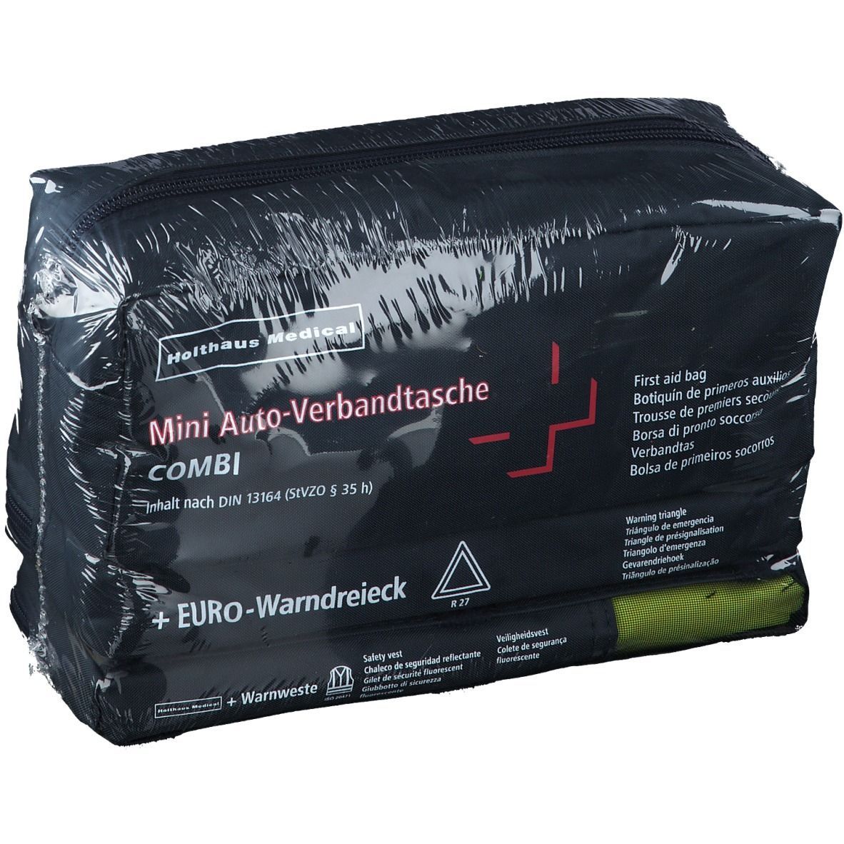 Schwarze Holthaus Medical Mini-Verbandtasche COMBI Auto, verpackt. Enthält Warndreieck und Warnweste. DIN 13164 (StVZO § 35 h).