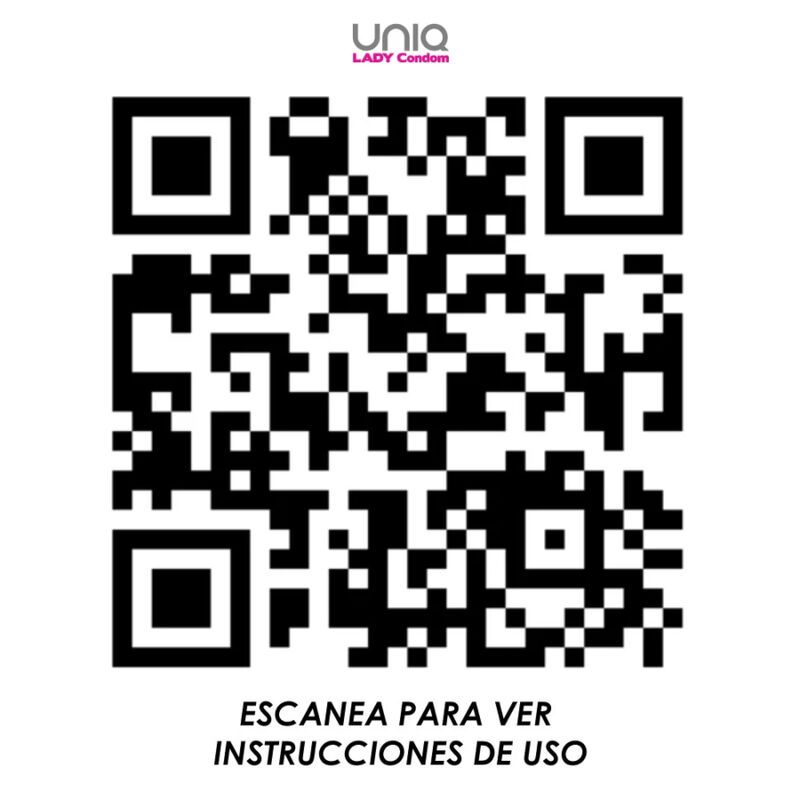 QR-Code mit Text: Escanea para ver instrucciones de uso. Oben: Uniq, Lady Condom.