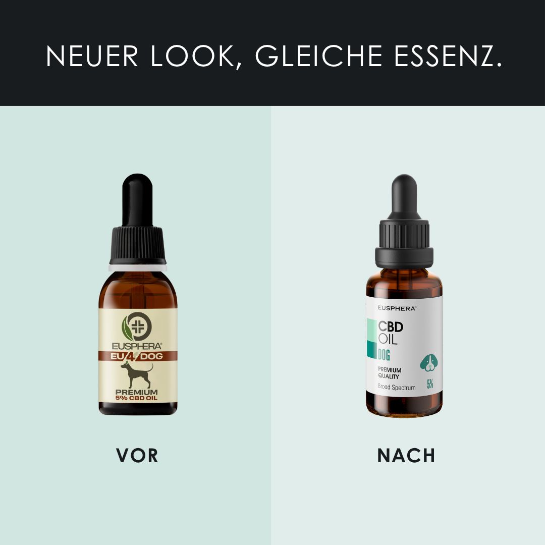Vorher-Nachher-Vergleich. CBD-Öl-Flaschen. Neuer Look, gleiche Essenz.