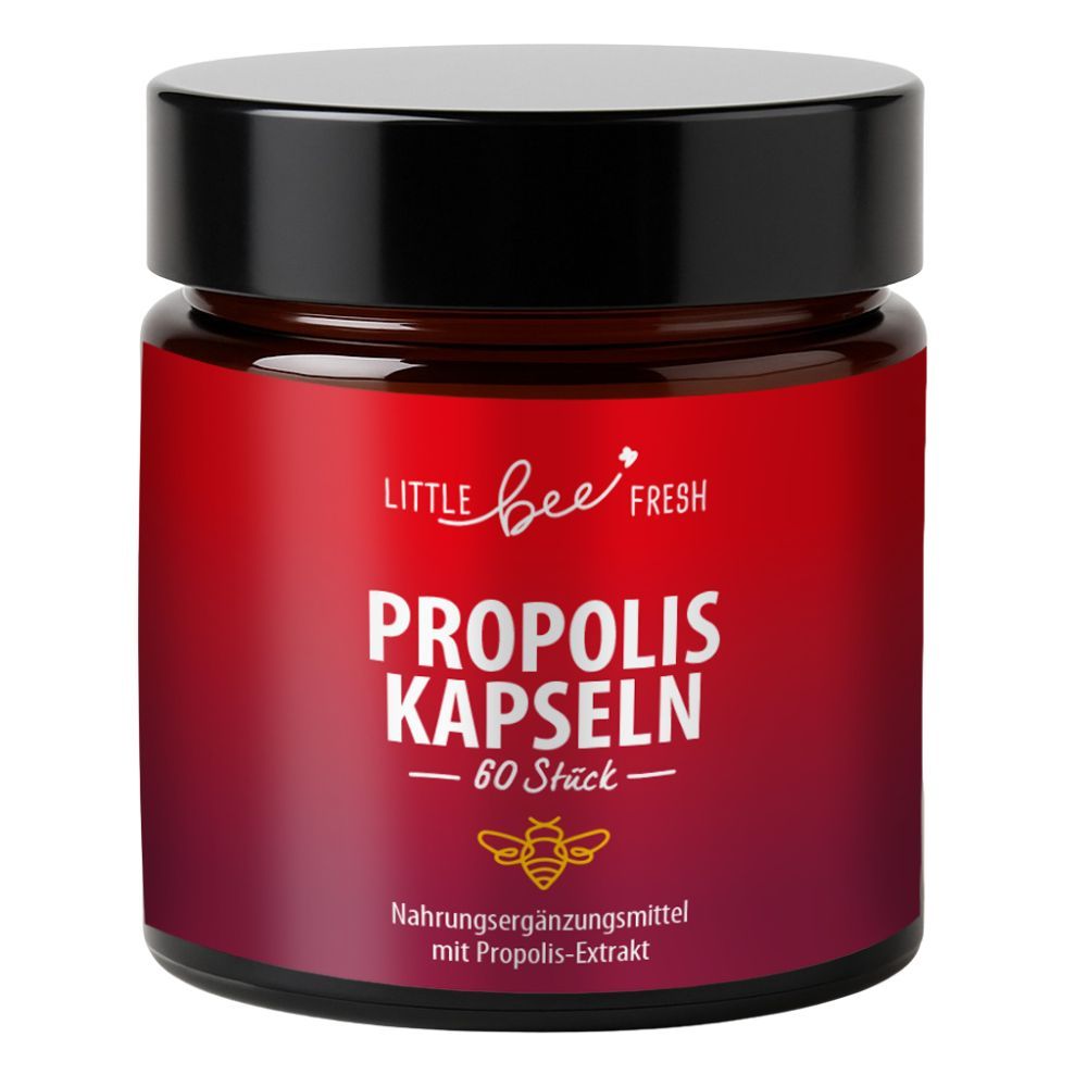 Braune Glasdose mit schwarzem Deckel. Aufschrift: Propolis Kapseln, 60 Stück. Logo: Biene. Text: Nahrungsergänzungsmittel mit Propolis-Extrakt.