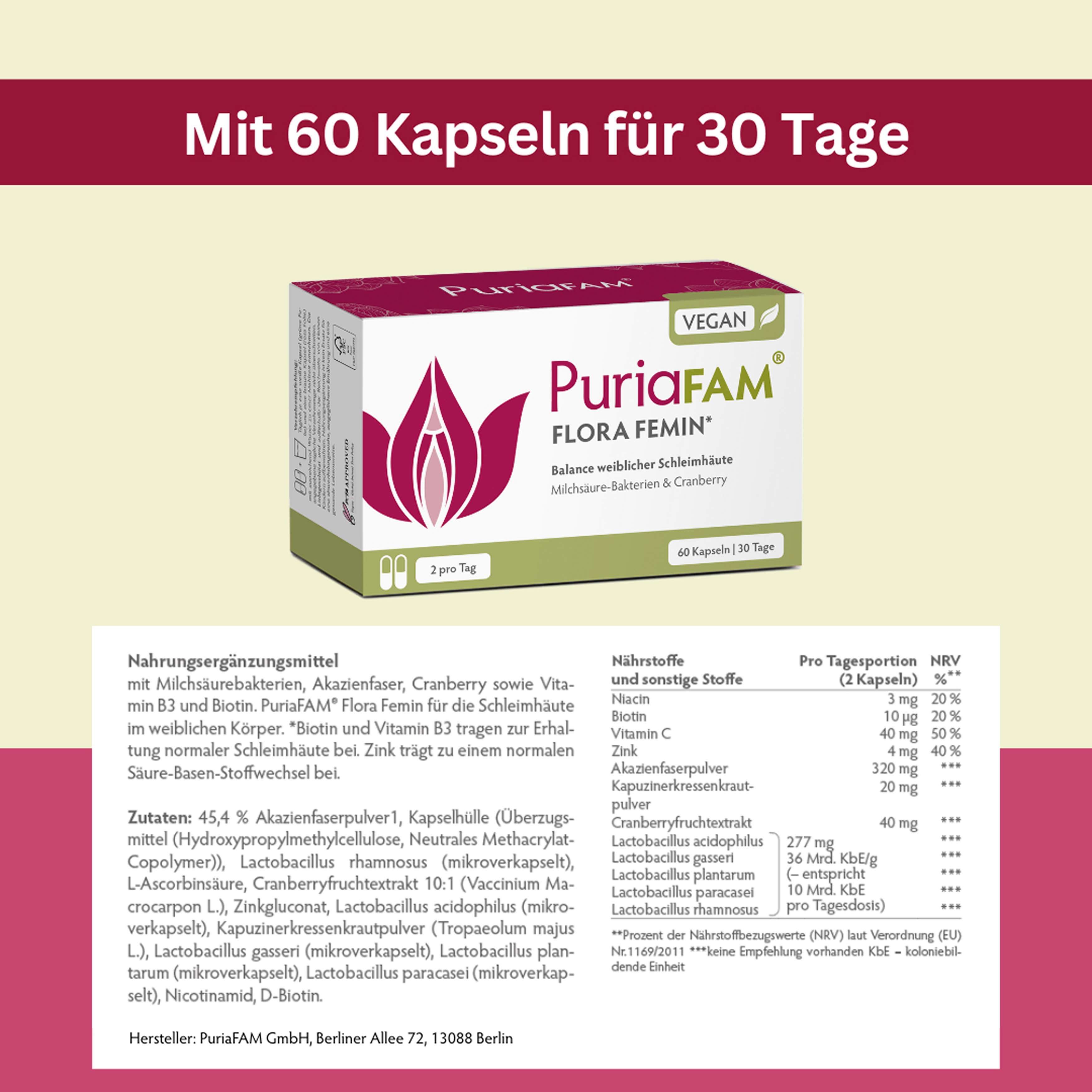 PuriaFAM Flora Femin Packung. Text: Mit 60 Kapseln für 30 Tage. Inhaltsstoffe und Nährwerttabelle. Vegan-Logo. Aufschrift: 2 pro Tag.