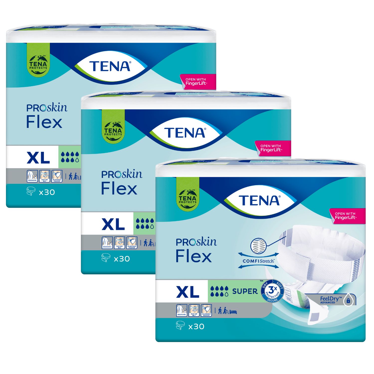 Drei Packungen TENA ProSkin Flex XL. Aufdrucke: TENA, ProSkin Flex, XL, x30, Super, FeelDry.