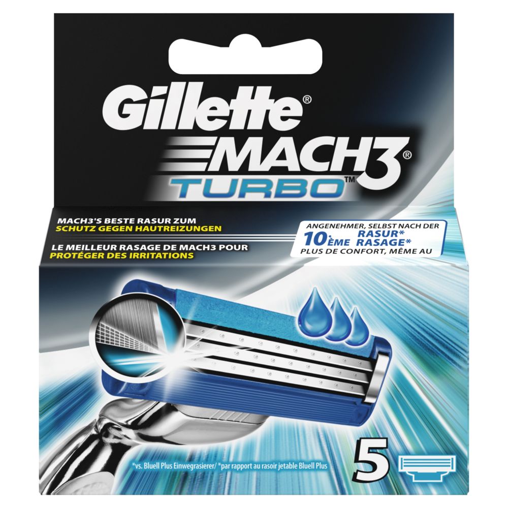Gillette MACH3 Turbo Rasierklingenpackung. Enthält 5 Klingen. Blaue und grüne Akzente.