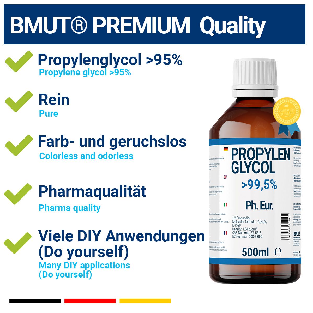 Produkt mit Qualitätsmerkmalen: Propylenglykol >95%, rein, farb- und geruchlos, Pharmaqualität. Flasche im Hintergrund.