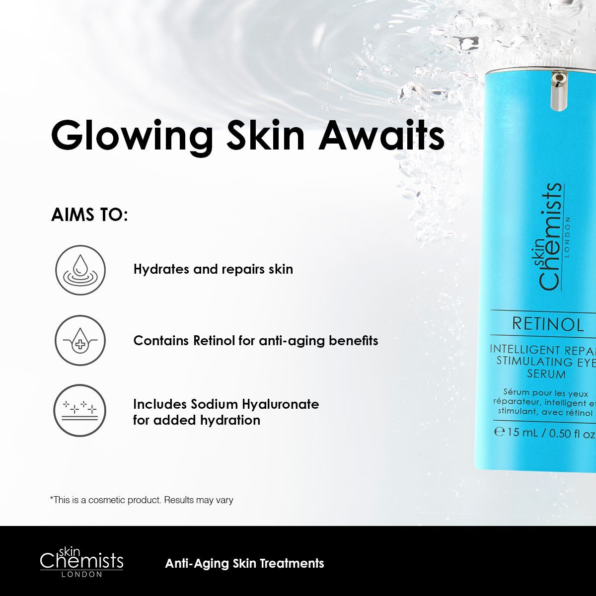 Blaues Augenserum mit Informationen zu den Vorteilen. Text: Retinol Intelligent Repair Stimulating Eye Serum. Marke: skinChemists London.