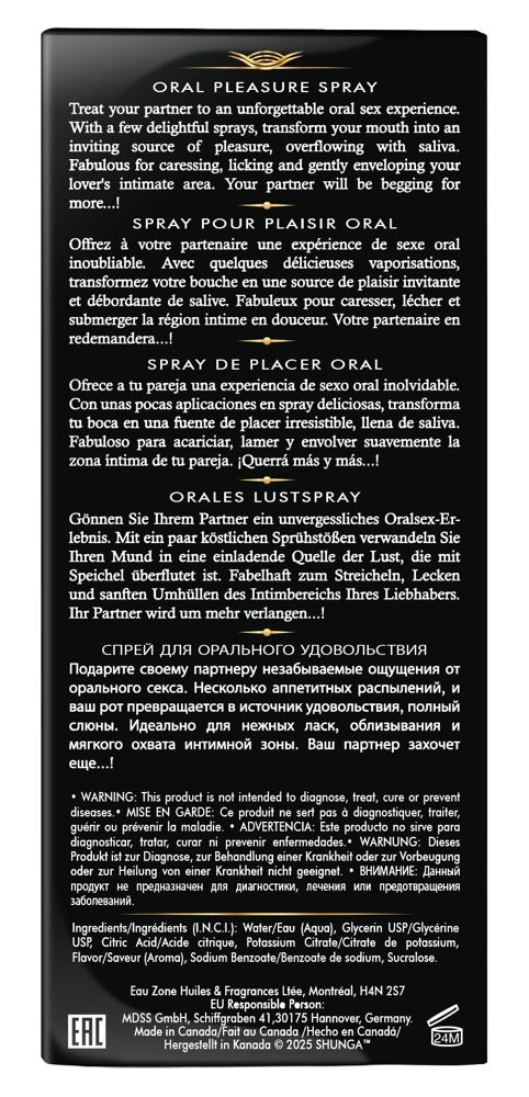 Rückseite der Shunga Erotic Art "Waves of Pleasure" Oral Pleasure Spray Verpackung.
