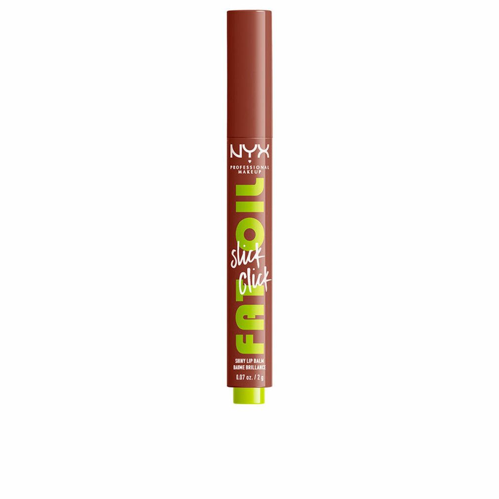 Lippenbalsam. Zylindrische Form, brauner Körper, grüne Basis. Aufschrift: FAT OIL slick click, NYX Professional Makeup.