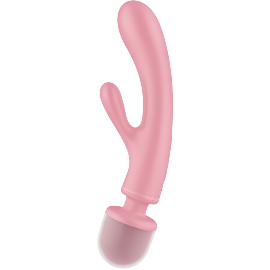 Rosa Vibrator mit gebogener Form. Der Kopf ist abgerundet, der Schaft hat eine zusätzliche Stimulation.