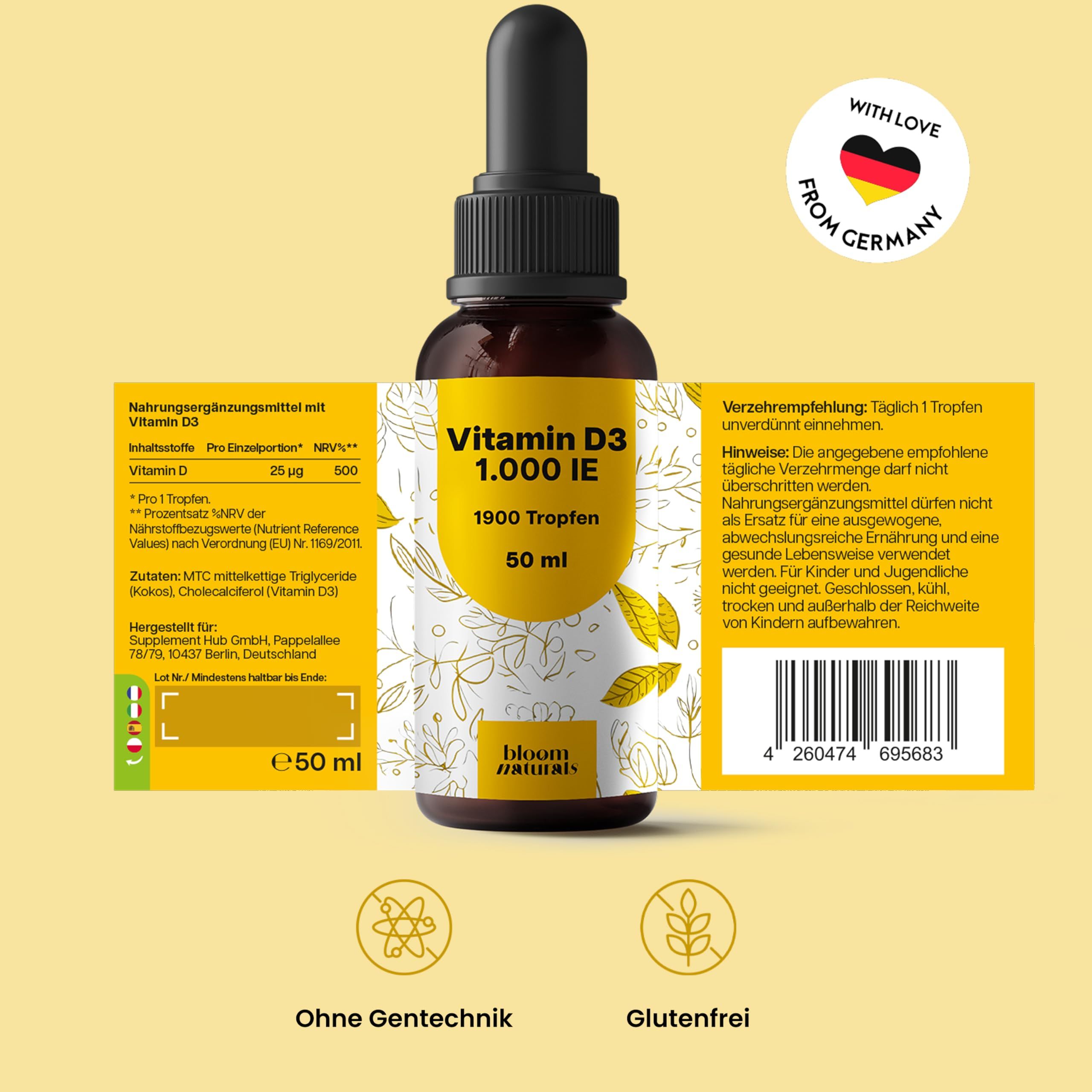 Produktflasche mit Etikett. Text: Vitamin D3 1.000 IE, 1900 Tropfen, 50 ml. Zusätzliche Informationen und Logos: Ohne Gentechnik, Glutenfrei.