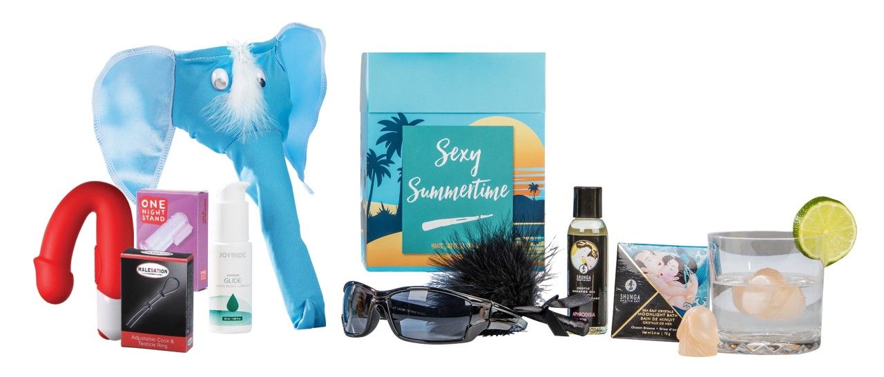 Blauer Elefant, roter Dildo, Box "Sexy Summertime", Sonnenbrille, Glas mit Getränk.