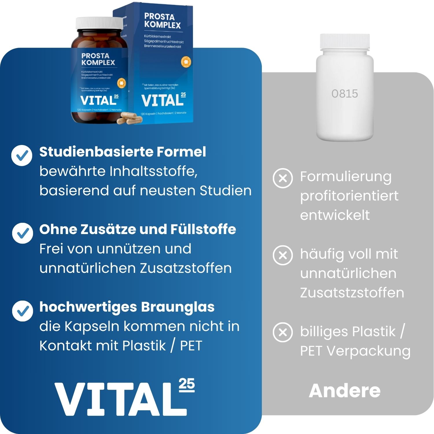 Vergleich von Vital25® Prosta Komplex Kapseln mit einer anderen Formulierung. Braunglas- und Kunststoffbehälter.
