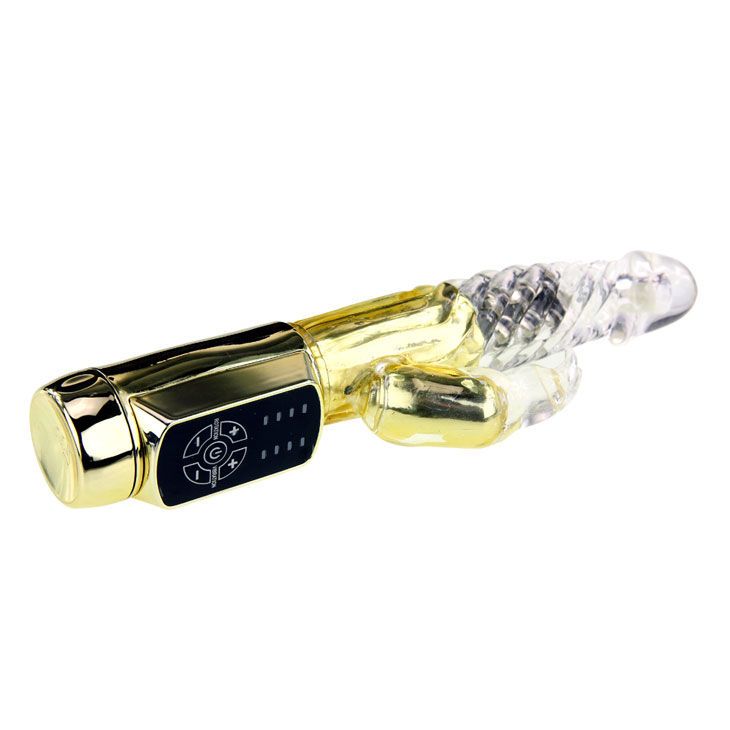 Goldfarbener Vibrator mit transparentem Kopf und Hasenohren. Bedienfeld mit Knöpfen. Liegende Position.