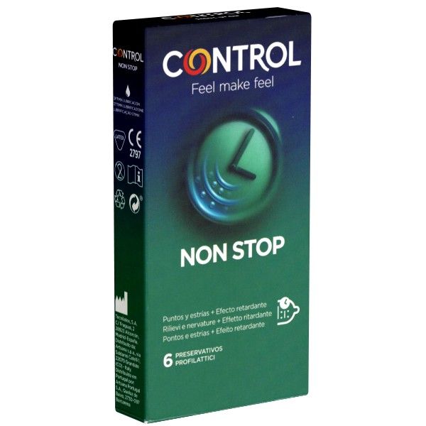 Verpackung mit der Aufschrift "CONTROL NON STOP". Enthält 6 Kondome. Aufdrucke: CE-Kennzeichnung, Produktbezeichnung und weitere Informationen.