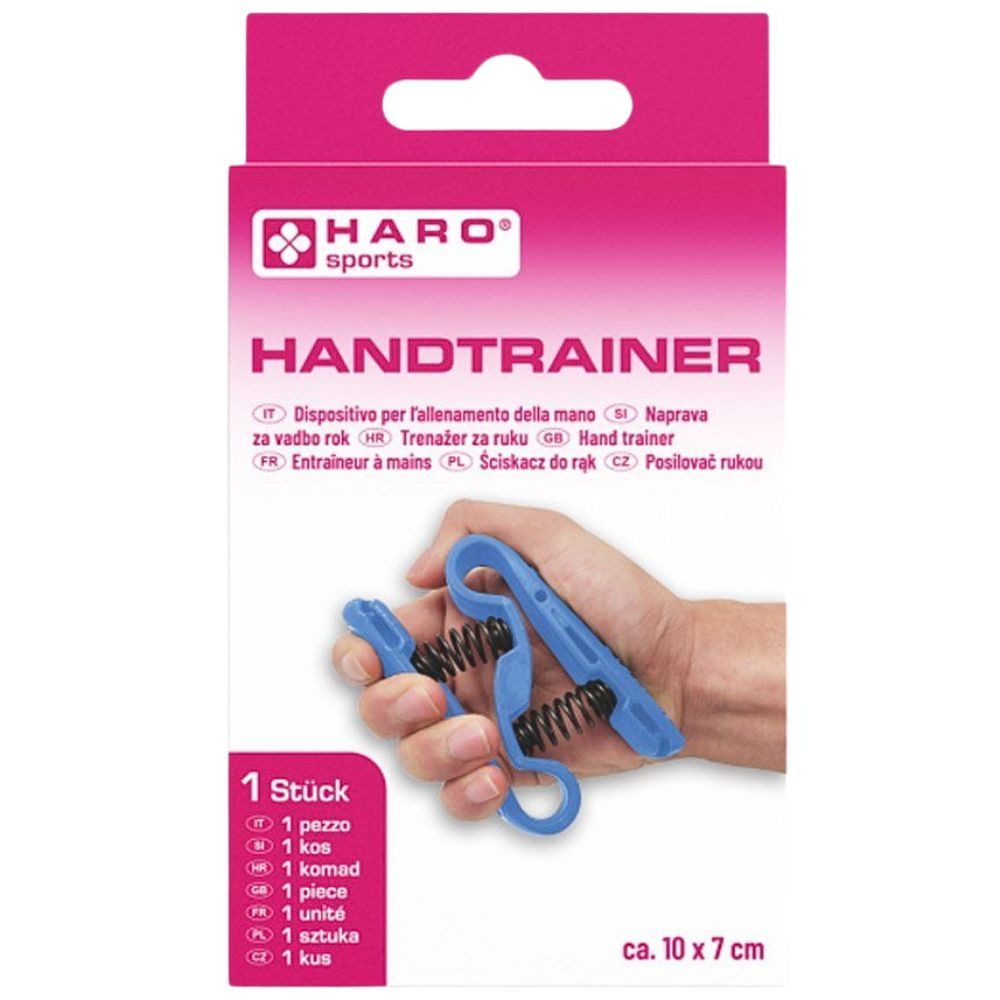 Haro Handtrainer in Verpackung. Blaues Trainingsgerät in Hand. Rosa Verpackung mit Produktname und Logo.